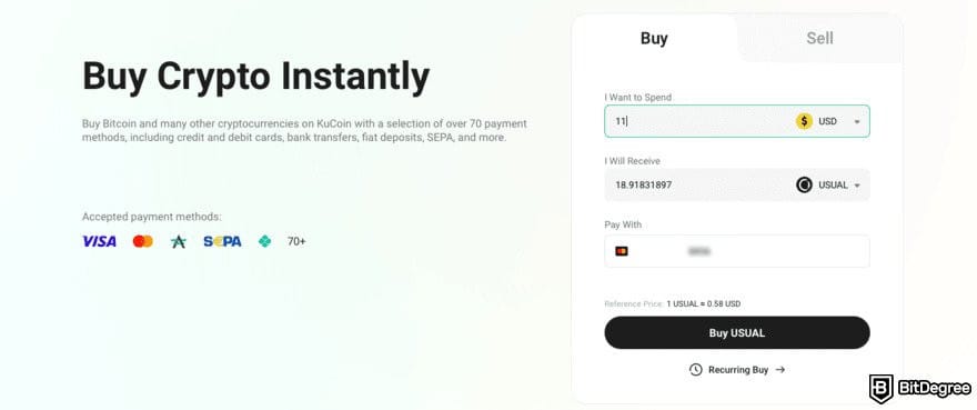 How to buy USUAL crypto: the KuCoin Buy Crypto page.