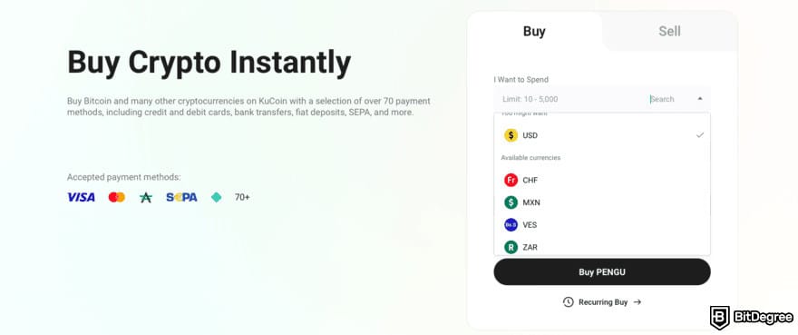 How to buy USUAL crypto: the Buy Crypto page on KuCoin with the fiat drop-down menu opened.