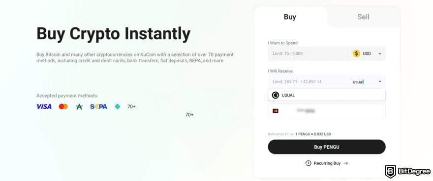 How to buy USUAL crypto: the KuCoin Buy Crypto page with the search result for USUAL.