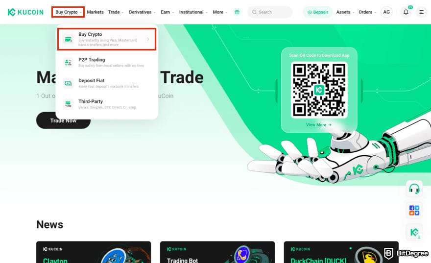 How to buy USUAL crypto: KuCoin homepage with the Buy Crypto menus highlighted.