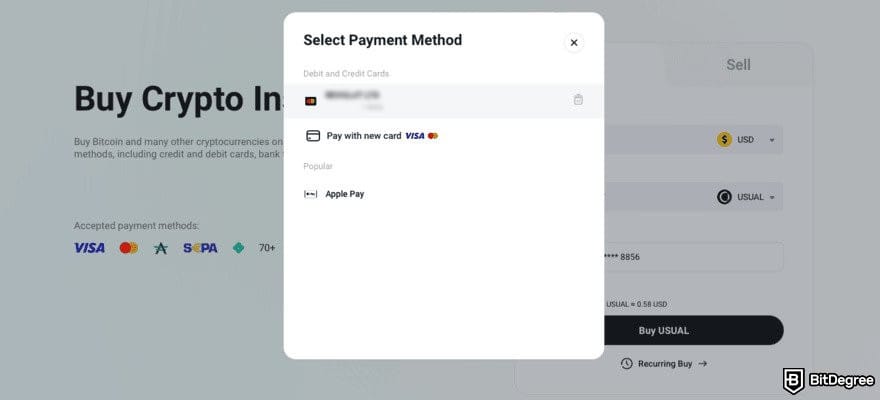 How to buy USUAL crypto: the KuCoin Buy Crypto page with the payment method menu opened.