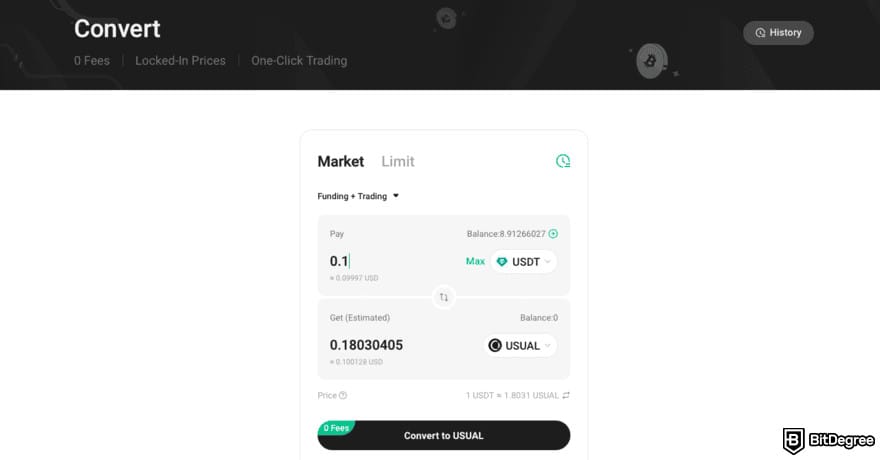 How to buy USUAL crypto: the KuCoin Convert page converting USDT to USUAL.