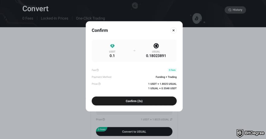 How to buy USUAL crypto: the KuCoin Convert page with the confirmation window opened.