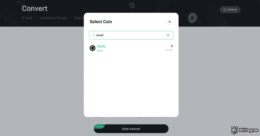 How to buy USUAL crypto: the KuCoin Convert page with search result for USUAL.