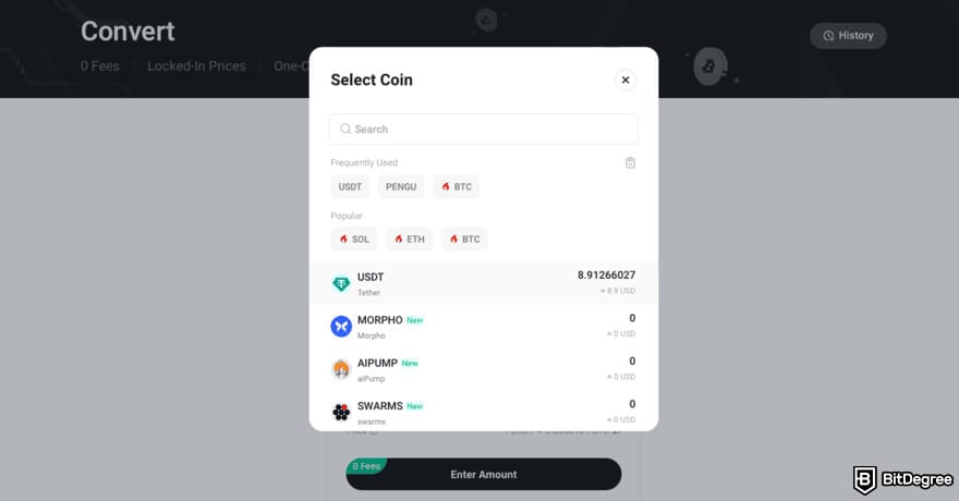 How to buy USUAL crypto: the KuCoin Convert page with the Select Coin window opened.