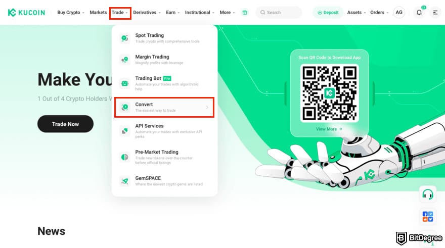 How to buy USUAL crypto: KuCoin homepage with the Trade and Convert menus highlighted.