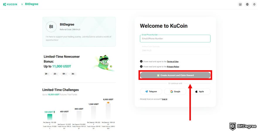 How to buy USUAL crypto: the BitDegree affiliate landing page on KuCoin with the Create Account button highlighted.