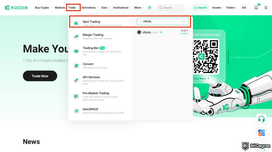 How to buy USUAL crypto: KuCoin homepage with the Trade and Spot Trading menus highlighted.