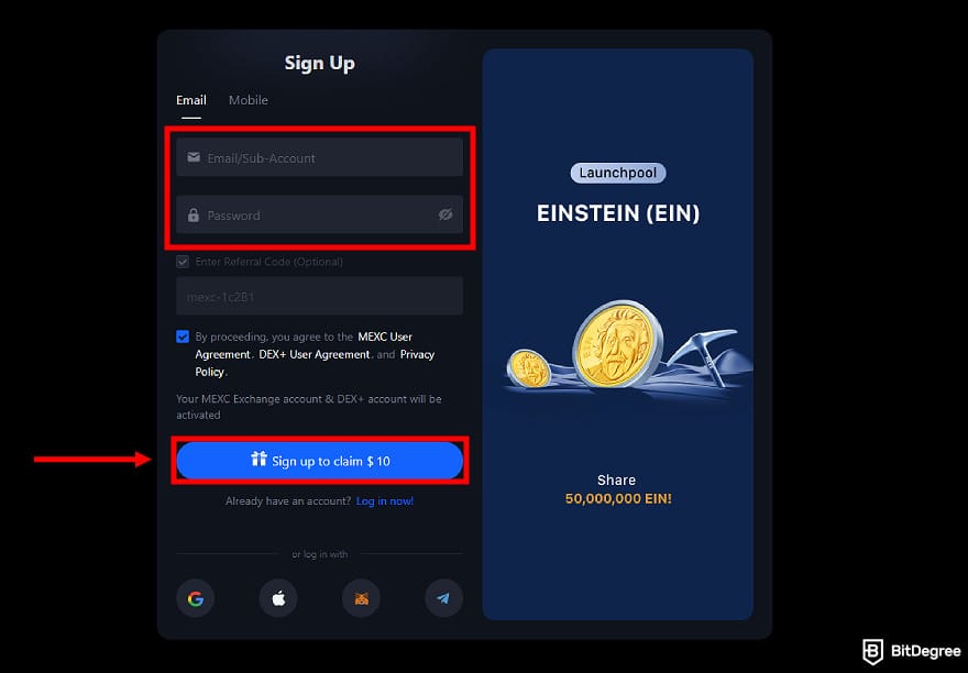 How to buy USUAL crypto: MEXC sign up page.