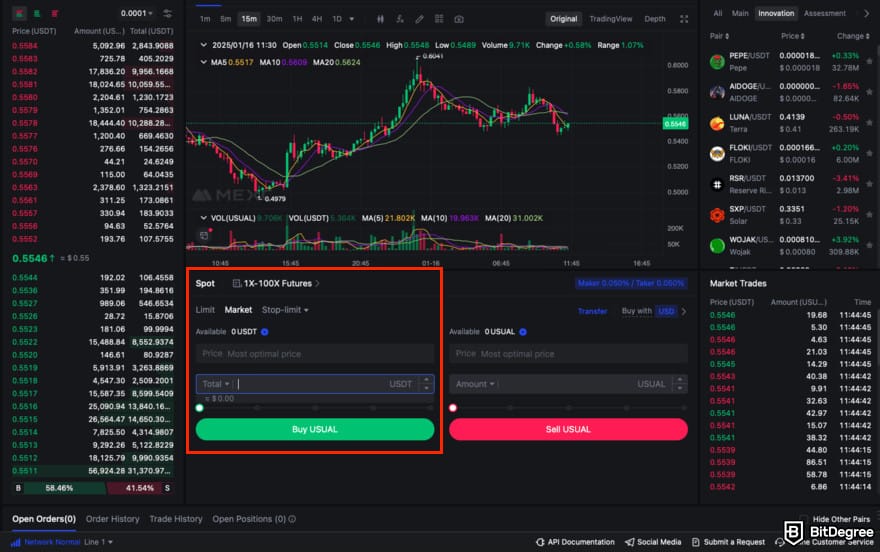 How to buy USUAL crypto: MEXC spot trading interface with the order form highlighted.