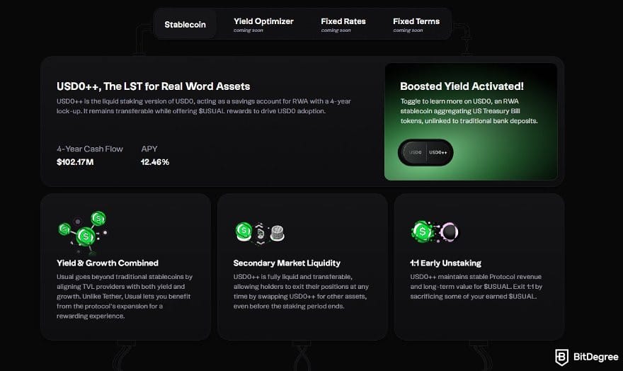 How to buy USUAL crypto: the USD0++ overview on Usual's homepage.
