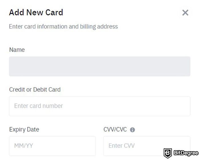 How to buy WIF: the fields for a new card information on Binance.