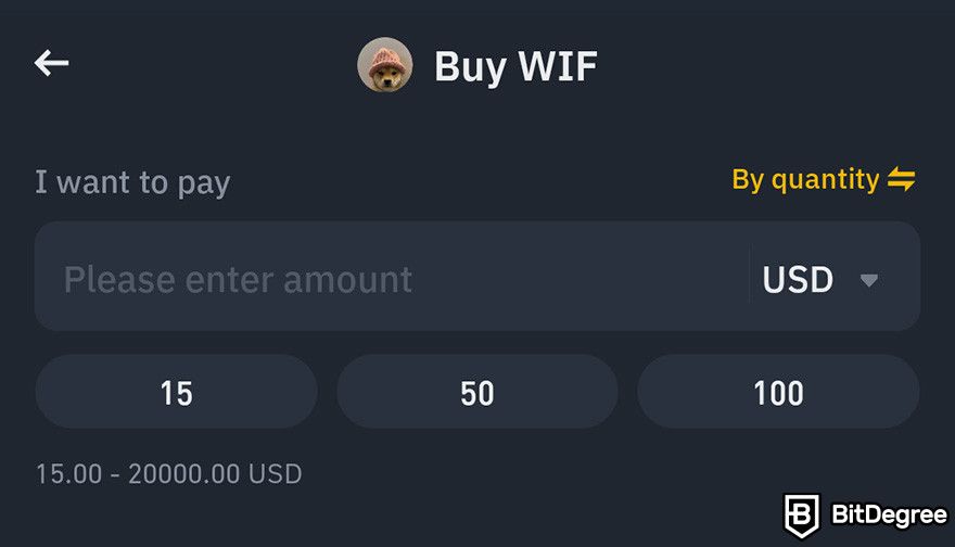 How to buy WIF: the field for entering the amount of WIF to buy on Binance mobile app.