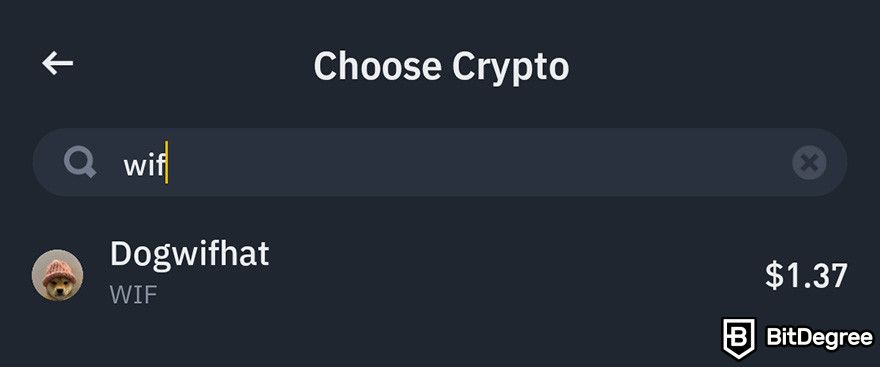 How to buy WIF: the WIF coin option when buying crypto on Binance mobile app.