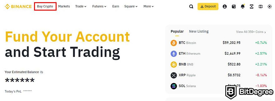 How to buy WIF: Binance homepage with the Buy Crypto menu highlighted.