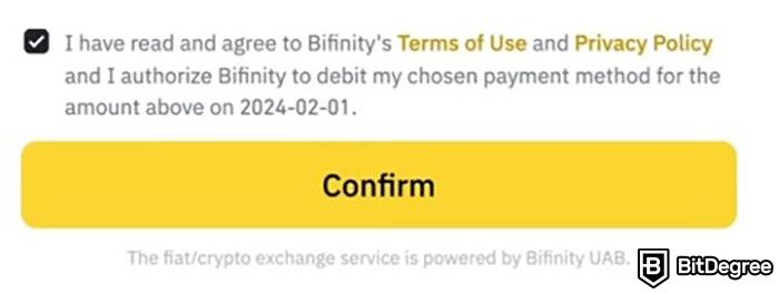 How to buy WIF: the confirmation button to finalize a purchase on Binance.