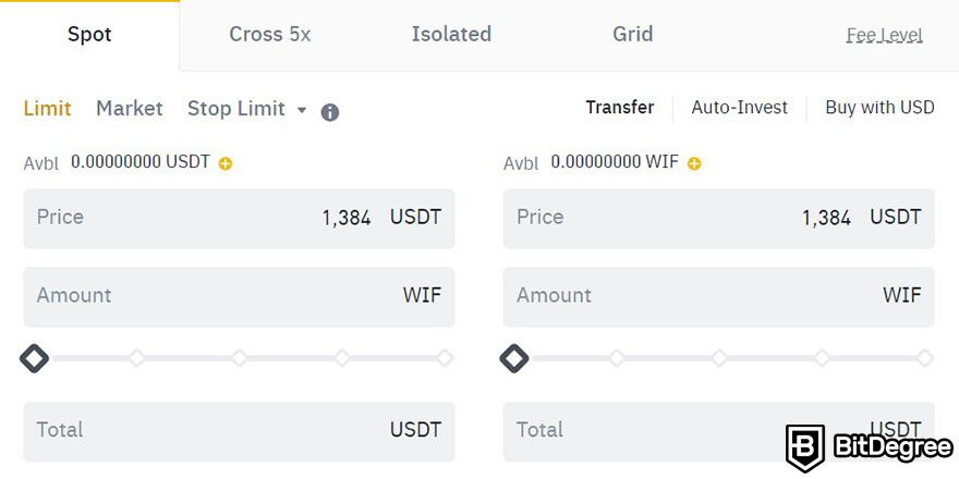 How to buy WIF: the spot section on Binance's trading interface.