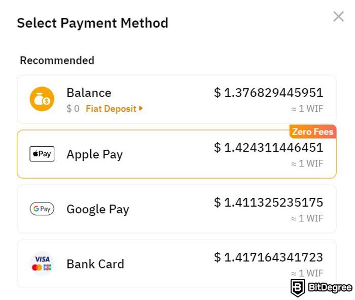 How to buy WIF: a list of available payment methods on Bybit's One-Click Buy.