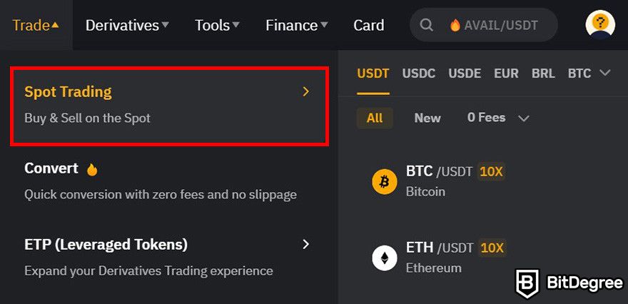 How to buy WIF: : the Spot Trading menu on Bybit's website.