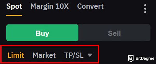 How to buy WIF: the Buy tab on Bybit's spot trading interface with the order type options highlighted.