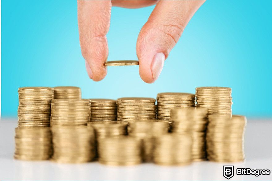 How to buy WIF: a person putting a coin onto stacks of coins.