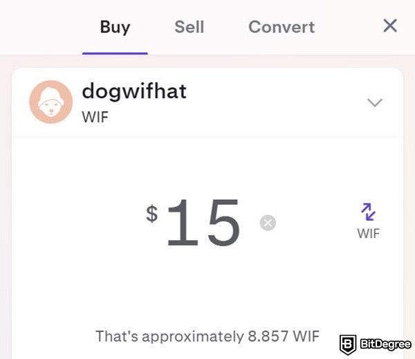 How to buy WIF: the buy order for WIF on Kraken's website showing the amount of $15.