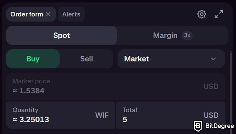 How to buy WIF: the order form on Kraken's trading interface.