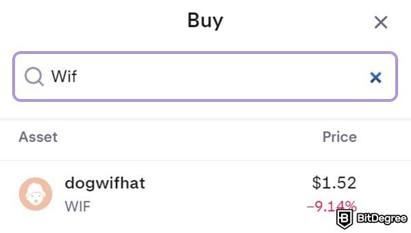 How to buy WIF: the search bar for crypto assets on Kraken's website showing the result for WIF.