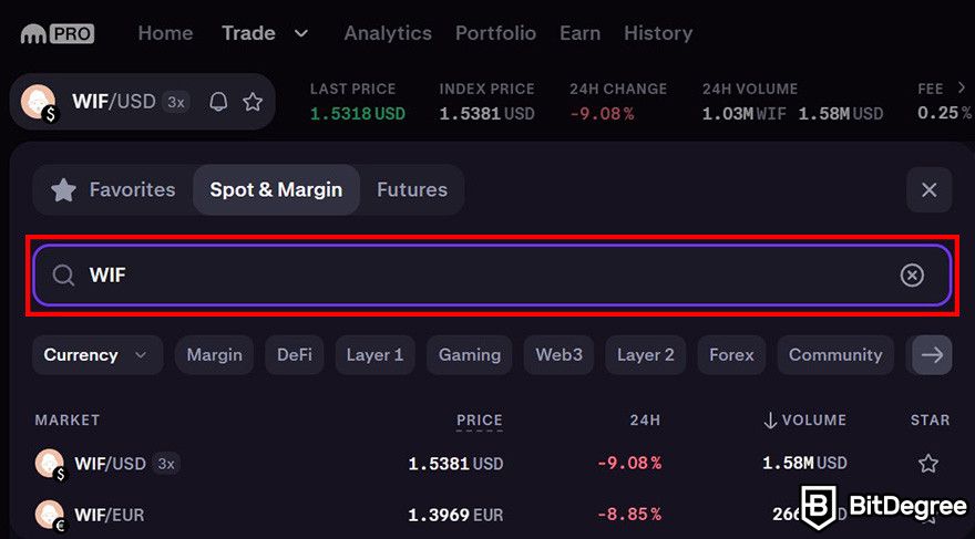 How to buy WIF: the trading interface for Kraken Pro with the search bar under Spot & Margin tab highlighted.