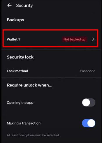 How to buy World Liberty Financial crypto: the security settings page on the Coinbase Wallet app with the backup option highlighted.