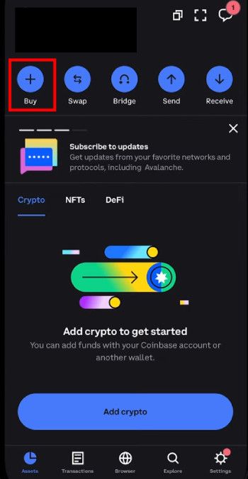How to buy World Liberty Financial crypto: the homepage of the Coinbase Wallet app with the Buy button highlighted.