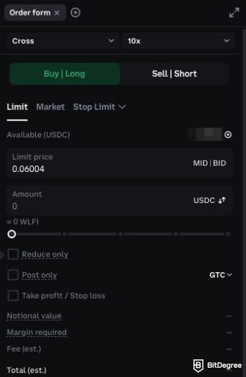 How to buy World Liberty Financial crypto: Perpetual Futures' order form on Coinbase.