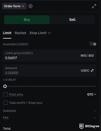 How to Buy World Liberty Financial Crypto: Coinbase's order form.