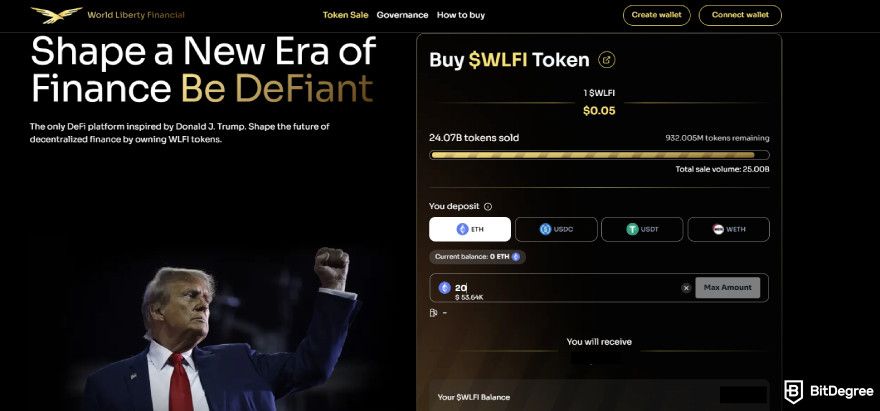 How to buy World Liberty Financial crypto: the $WLFI order details interface on the WLFI website.