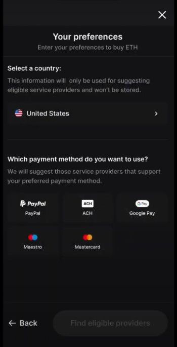 How to buy World Liberty Financial crypto: the payment method options on the Ledger Live mobile app.