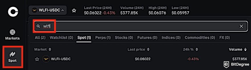 How to buy World Liberty Financial crypto: searching for WLFI on the trading pair dropdown on Coinbase's Spot.