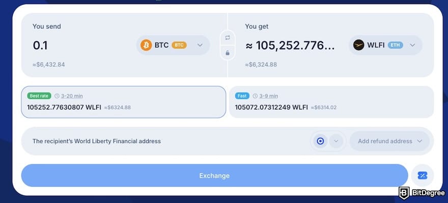 How to buy World Liberty Financial crypto: SimpleSwap dashboard.