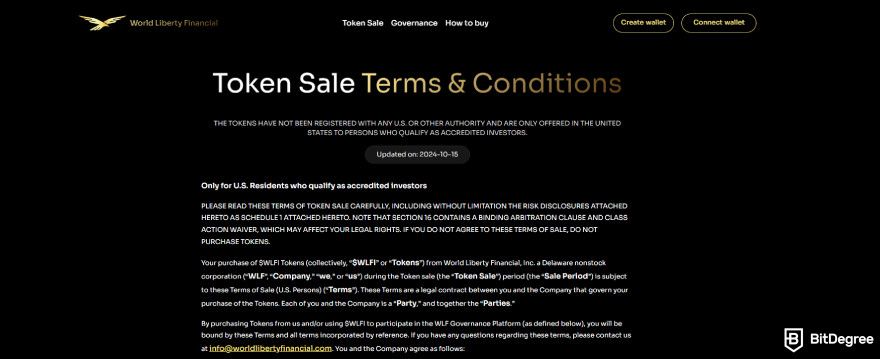 How to buy World Liberty Financial crypto: the token sale terms & conditions on the WLFI website.
