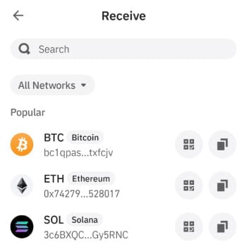 How to buy XYZVerse: selecting a crypto to receive or deposit.