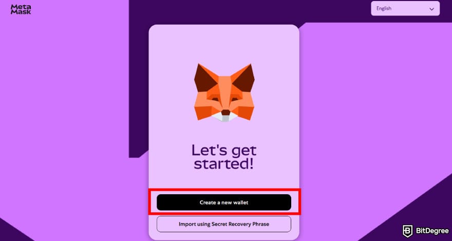 How to buy XYZVerse: the [Create a new wallet] button on MetaMask's starter screen.