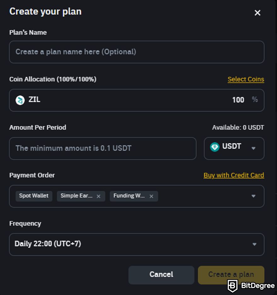 How to buy Zilliqa: Auto-Invest form on Binance.