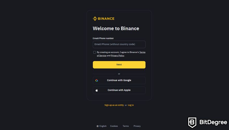 How to buy Zilliqa: Binance sign-up form.