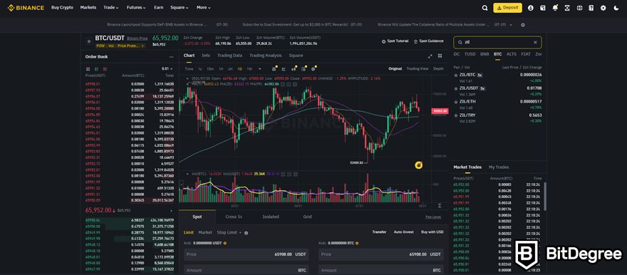 Cách mua Zilliqa: Giao diện giao dịch của Binance.