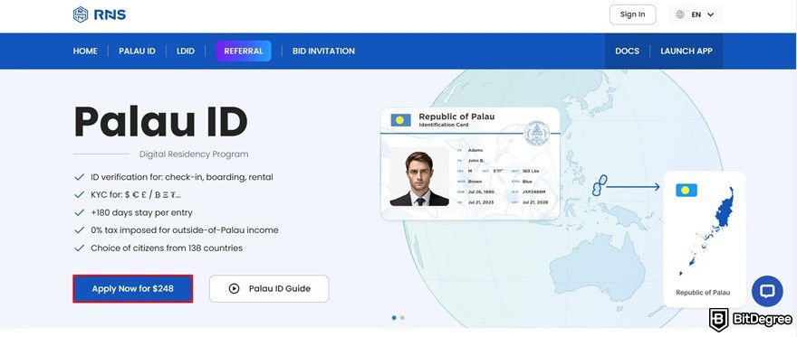 How to bypass US crypto laws: the Palau ID homepage.