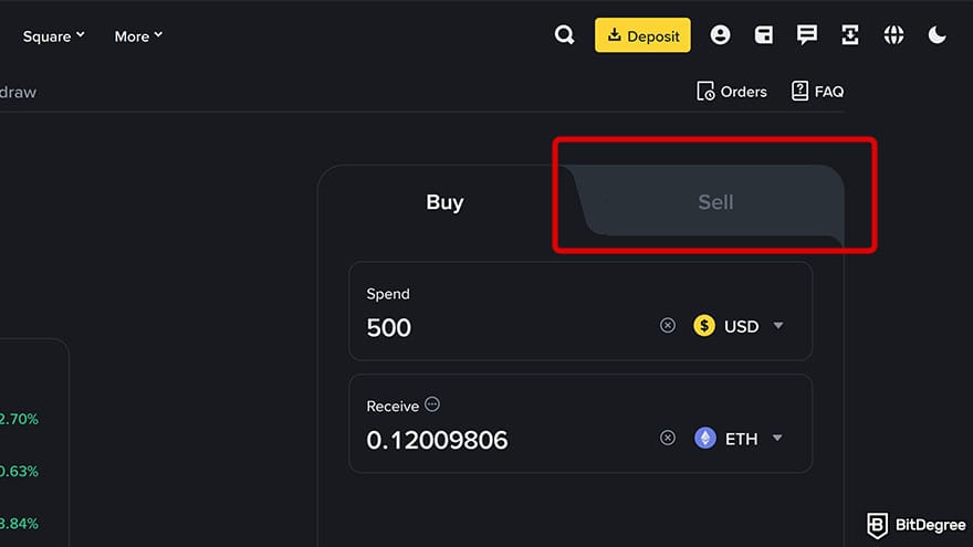 How to cash out Bitcoin: Binance "Buy crypto" page with a close up on "Sell" button.