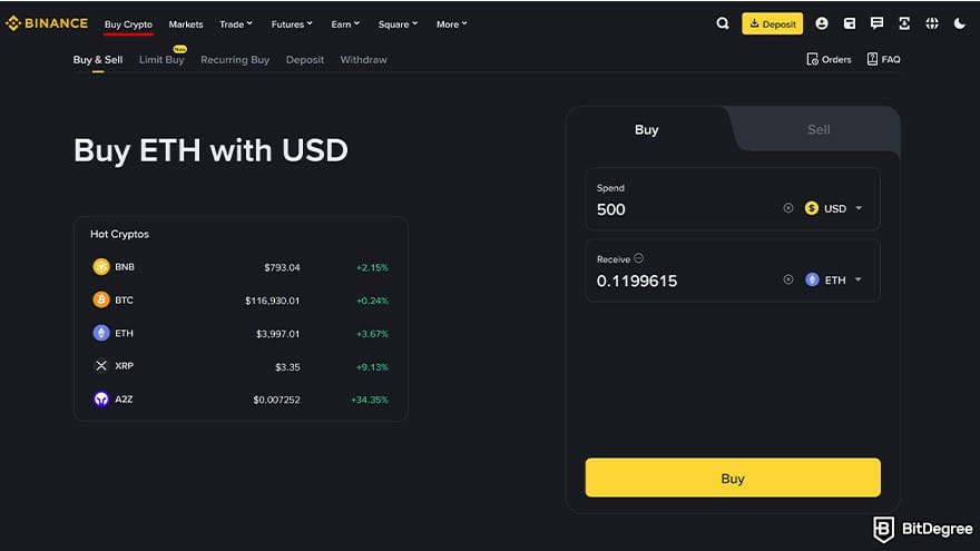 How to cash out Bitcoin: Binance "Buy crypto" tab.