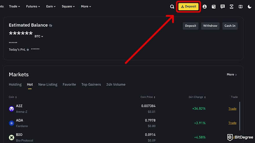 How to cash out Bitcoin: Binance deposit button.