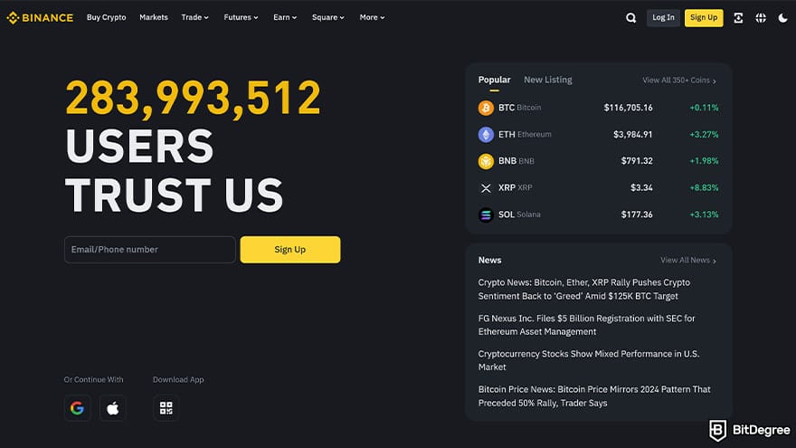 How to cash out Bitcoin: Binance homepage.