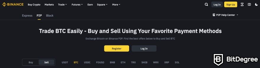 How to cash out Bitcoin: Binance P2P platform and its main page.