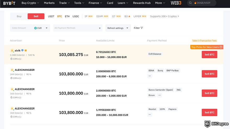 How to cash out Bitcoin: Bybit P2P page.